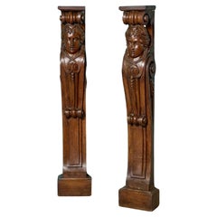 Large Pair of Antique English Carved Oak Caryatid Brackets