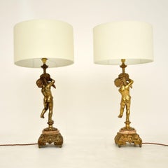 Large Pair of Antique French Brass & Onyx Table Lamps