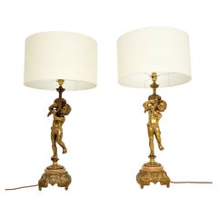 Large Pair of Antique French Brass & Onyx Table Lamps