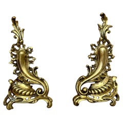 Large pair of antique French brass rococo fire dogs