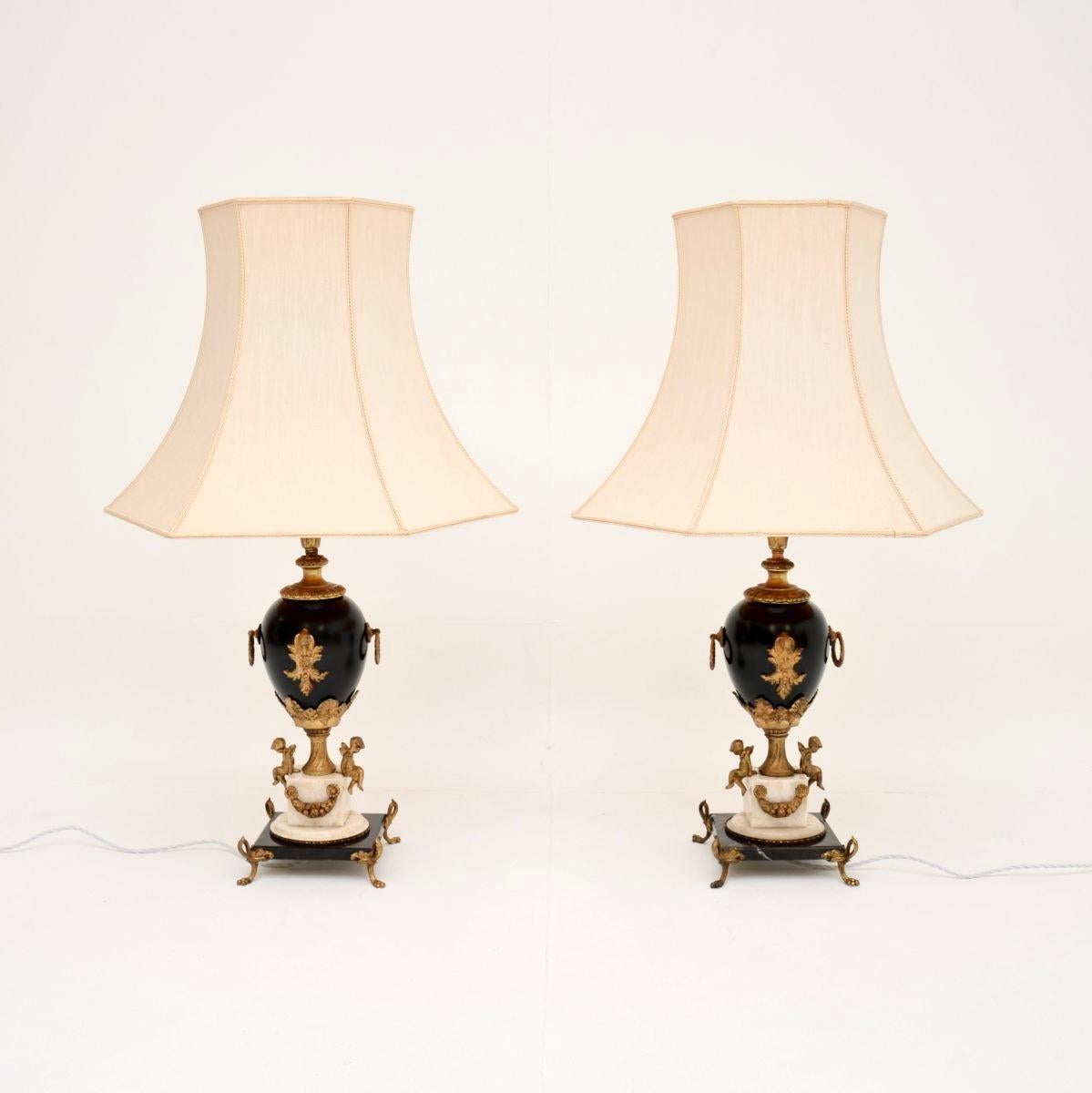 Neoclassical Large Pair of Antique French Marble Table Lamps For Sale