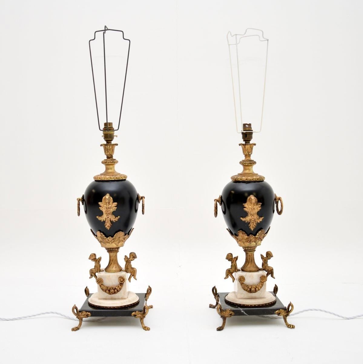Enameled Large Pair of Antique French Marble Table Lamps For Sale