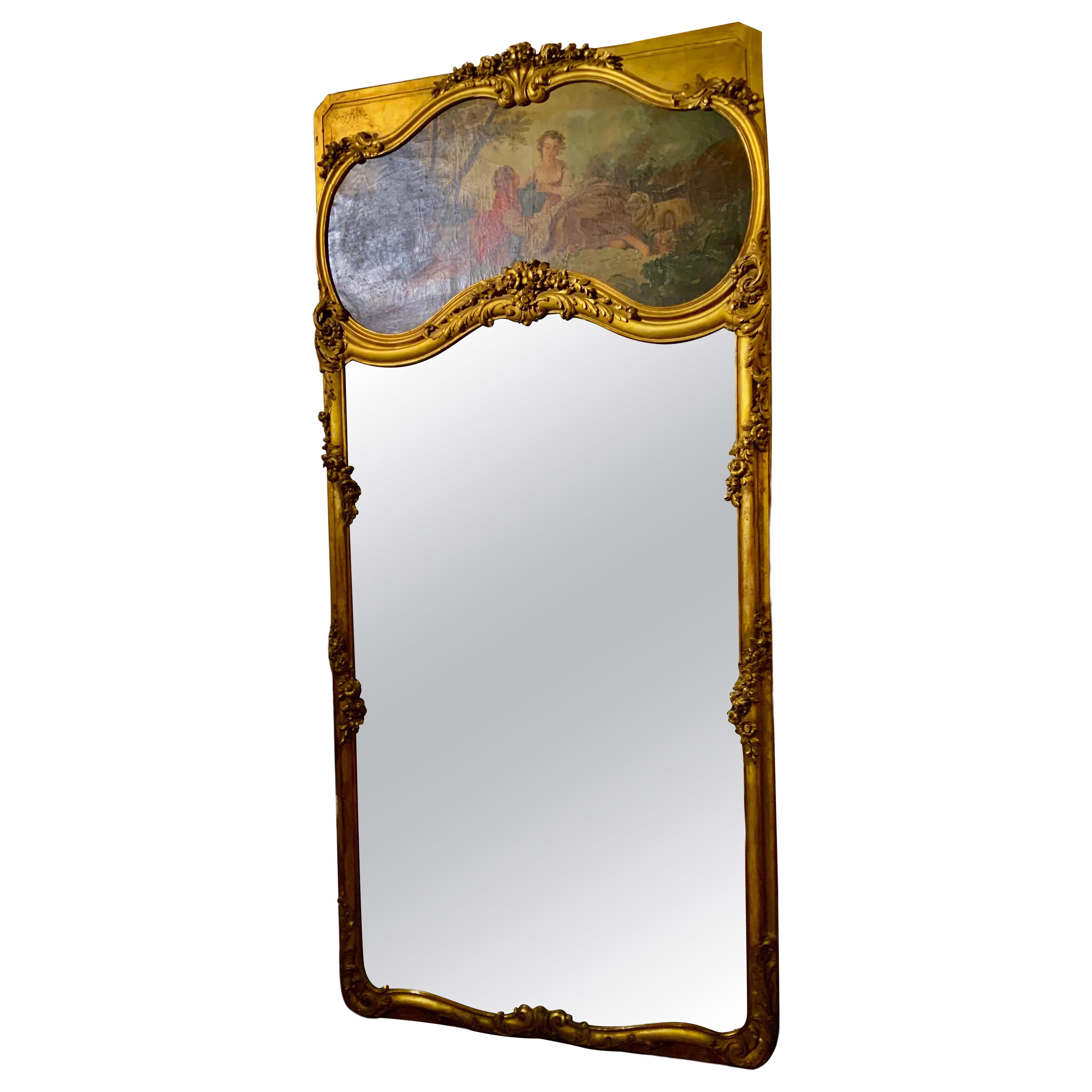 Large pair of antique French trumeau mirrors in giltwood frames 19 th c.