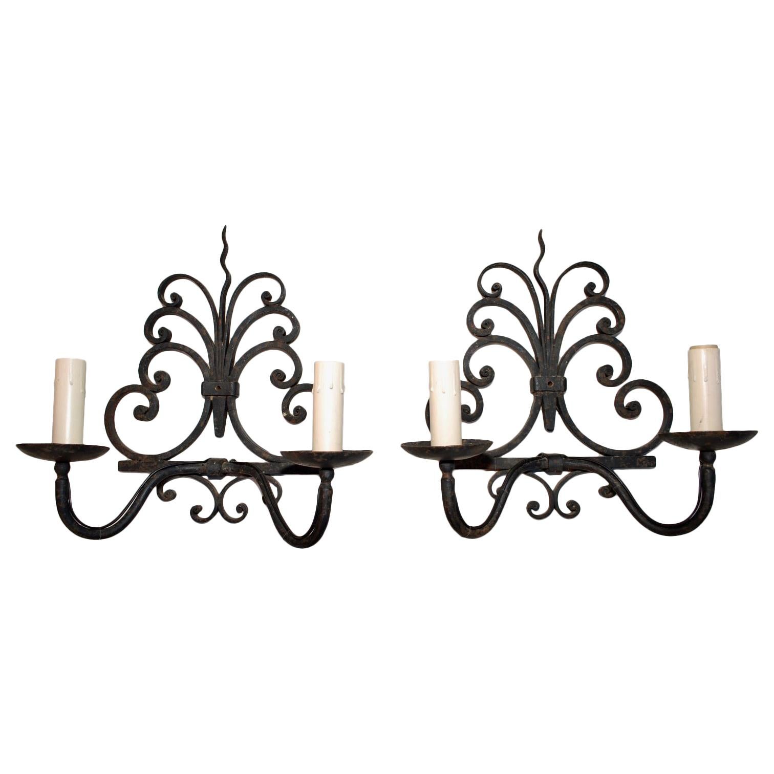 large pair of antique French wrought iron sconces For Sale