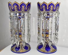 LARGE PAIR OF ANTIQUE GILDED BOHEMIAN OVERLAY CRYSTAL GLASS LUSTRES, 19th C