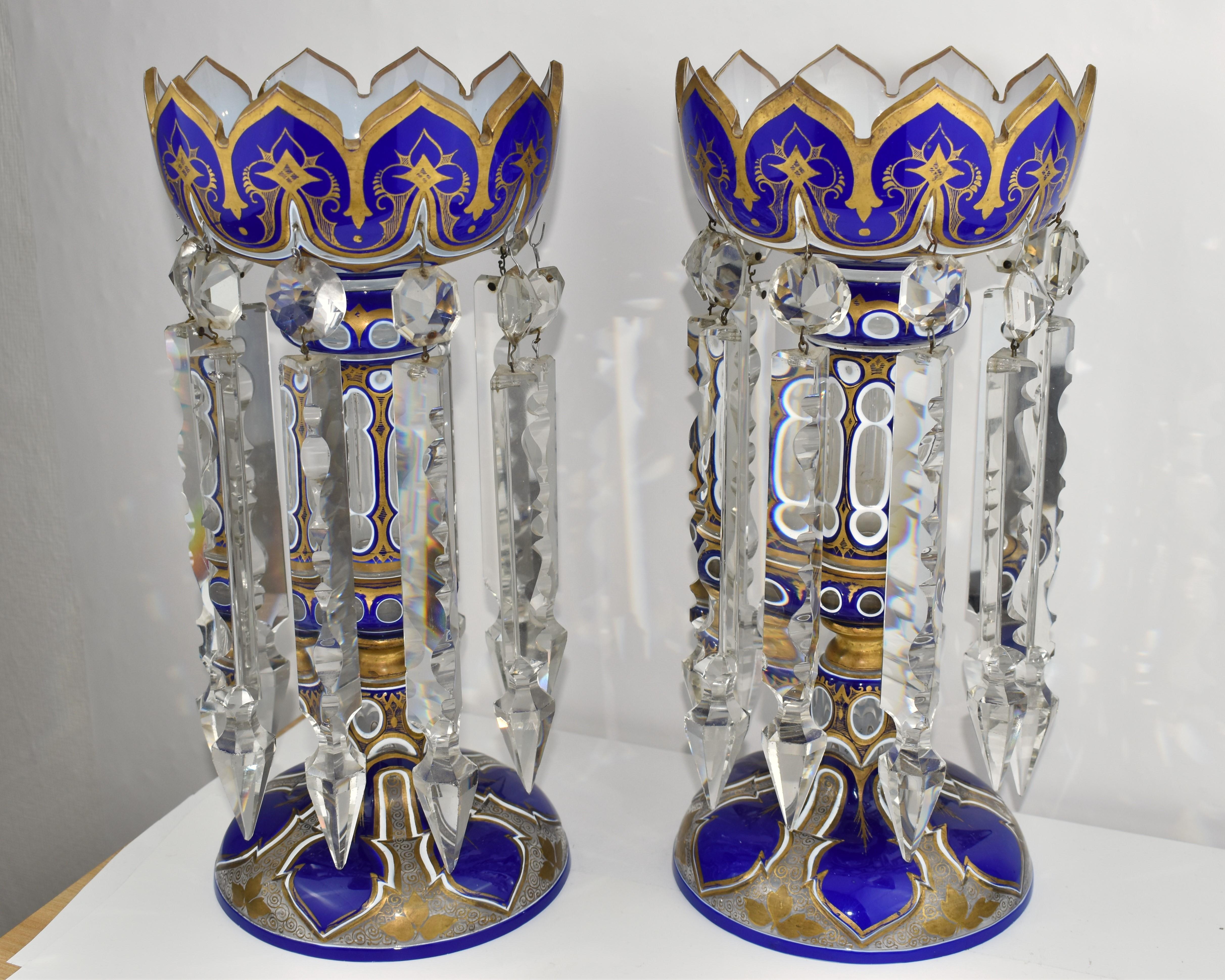 Gilt LARGE PAIR OF ANTIQUE GILDED BOHEMIAN OVERLAY CRYSTAL GLASS LUSTRES, 19th C For Sale