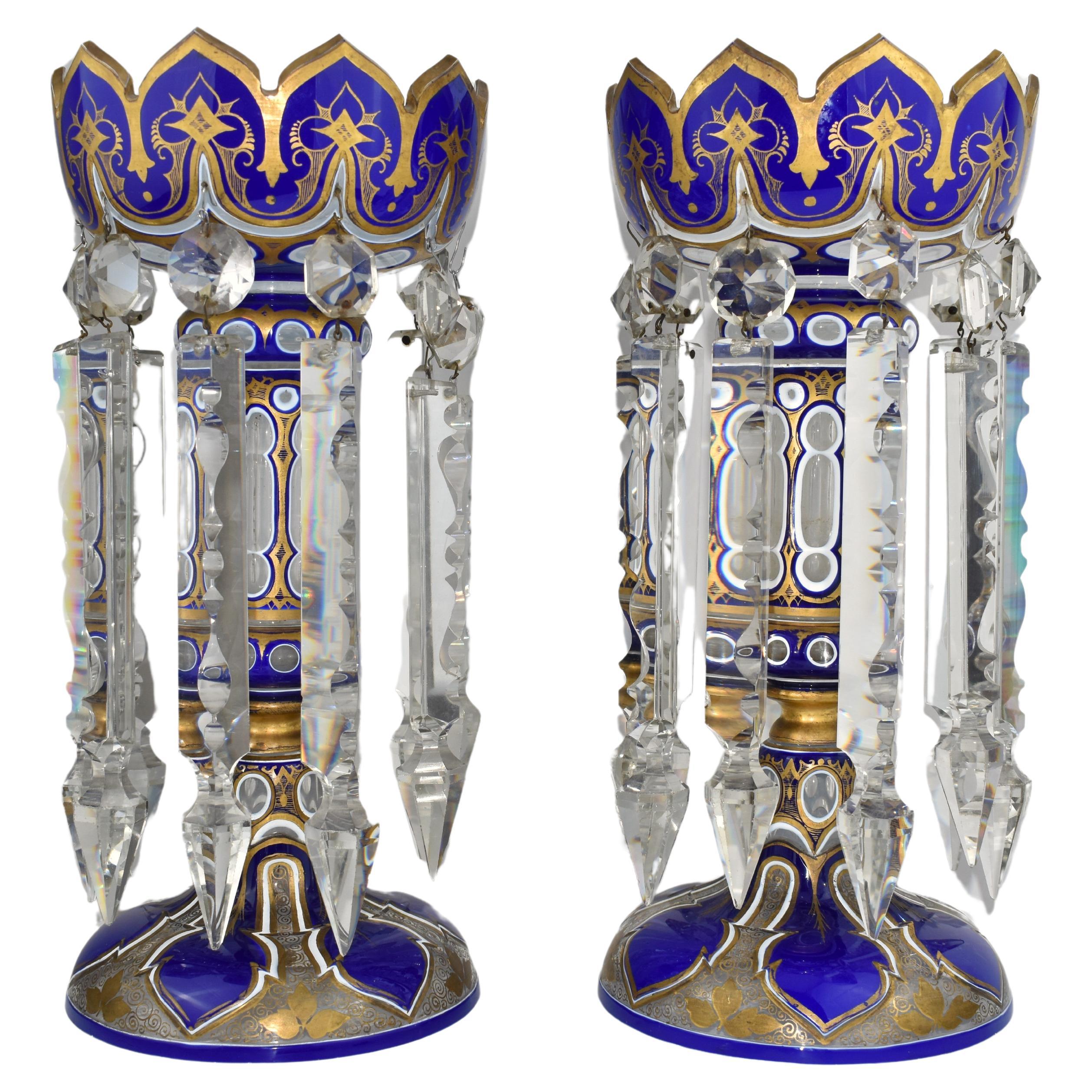 LARGE PAIR OF ANTIQUE GILDED BOHEMIAN OVERLAY CRYSTAL GLASS LUSTRES, 19th C For Sale