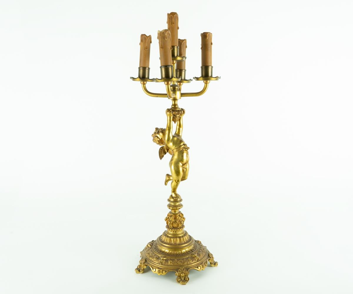 Louis XV Large Pair of Antique Gilt Bronze Five-Arm Angel/Cherub Candlesticks For Sale
