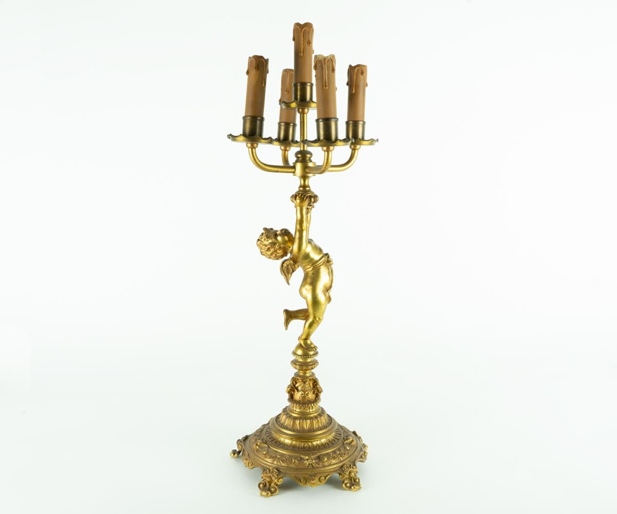 European Large Pair of Antique Gilt Bronze Five-Arm Angel/Cherub Candlesticks For Sale