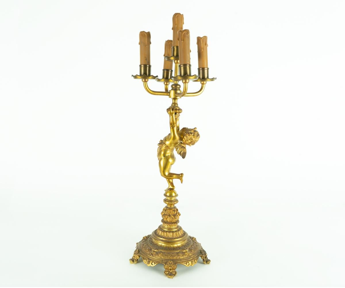 Large Pair of Antique Gilt Bronze Five-Arm Angel/Cherub Candlesticks For Sale 1