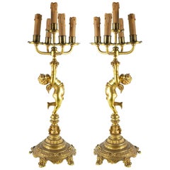 Large Pair of Antique Gilt Bronze Five-Arm Angel/Cherub Candlesticks