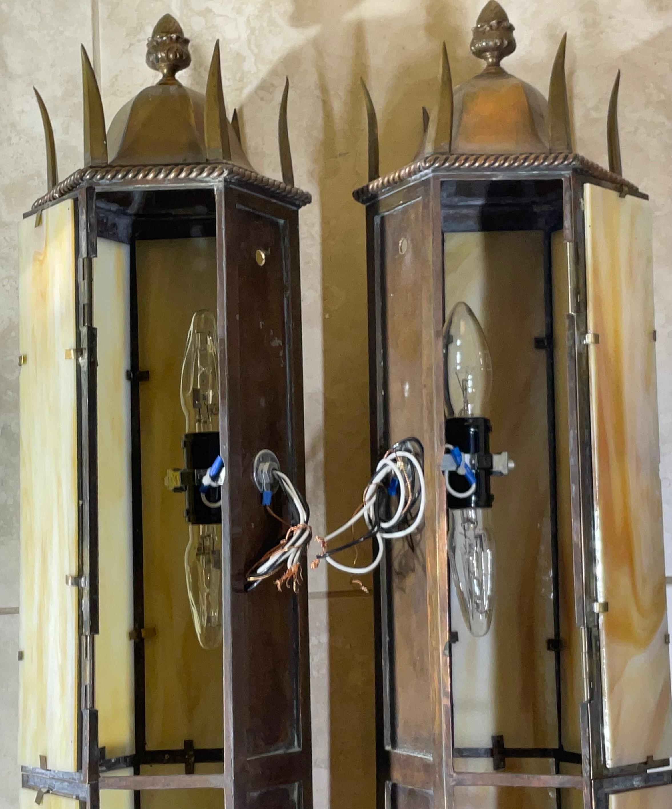 Large pair of Antique Hammered Copper Lanterns, Stunning Architectural Style 38” For Sale 4