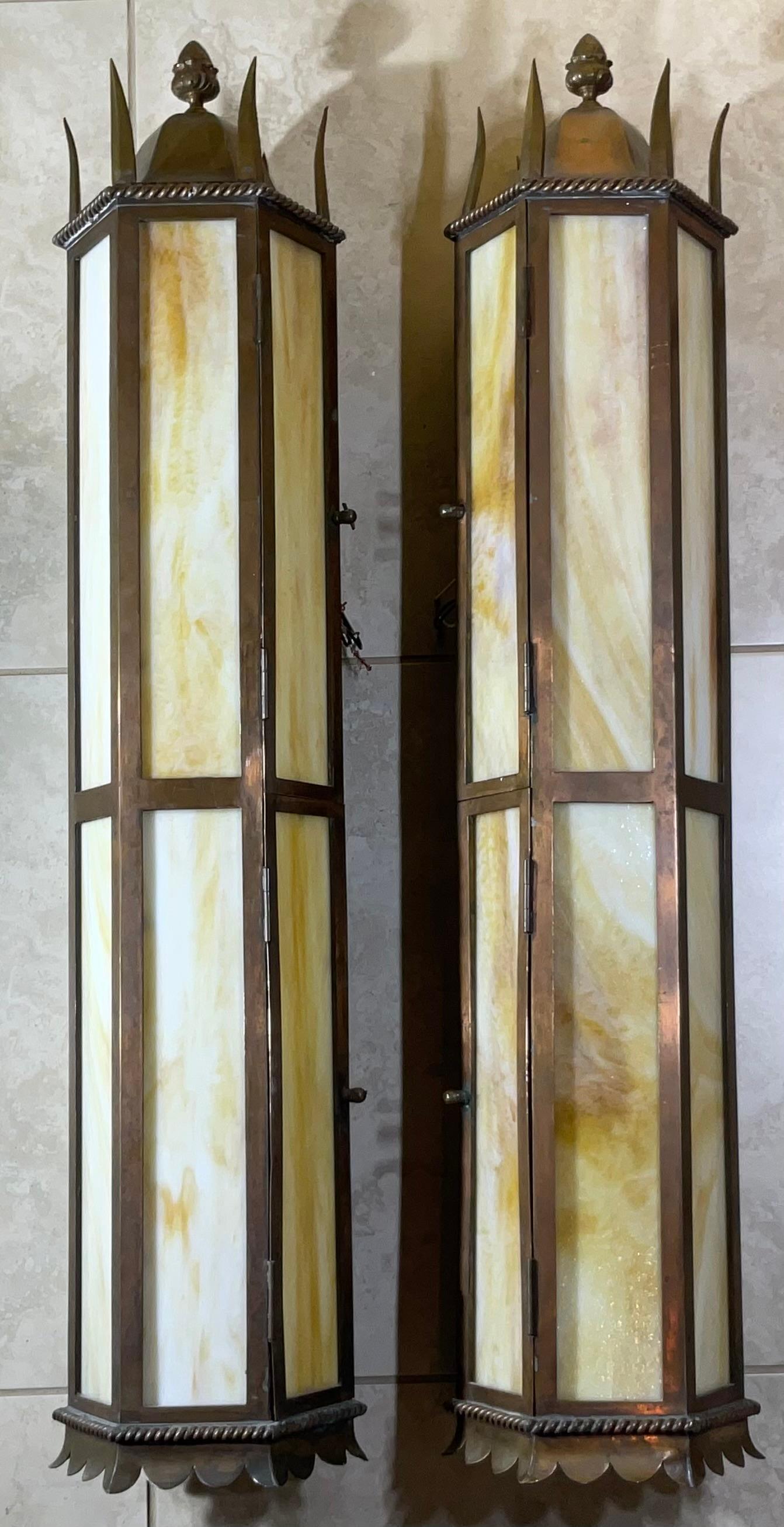 Large pair of Antique Hammered Copper Lanterns, Stunning Architectural Style 38” For Sale 6