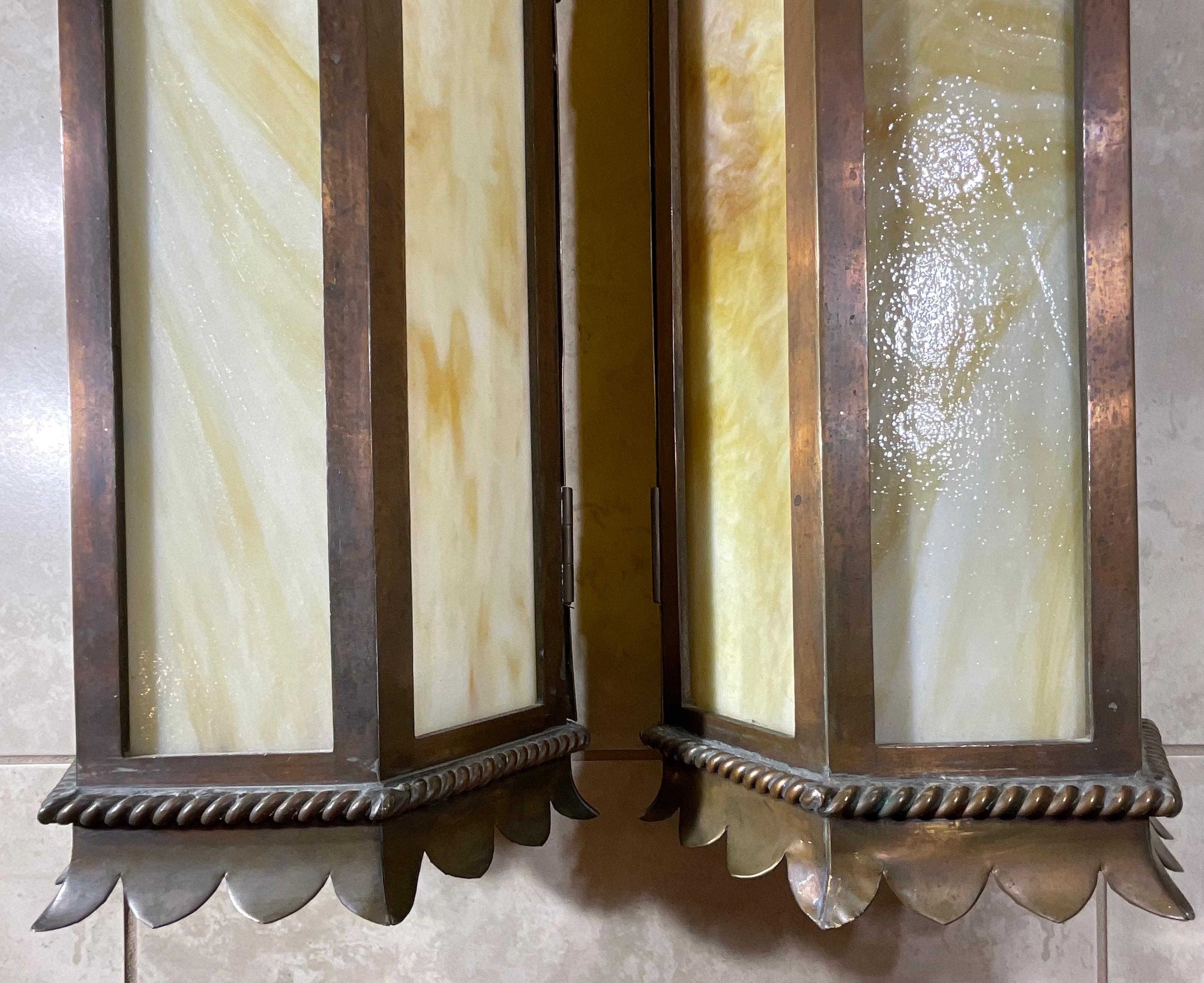 Large pair of Antique Hammered Copper Lanterns, Stunning Architectural Style 38” For Sale 7