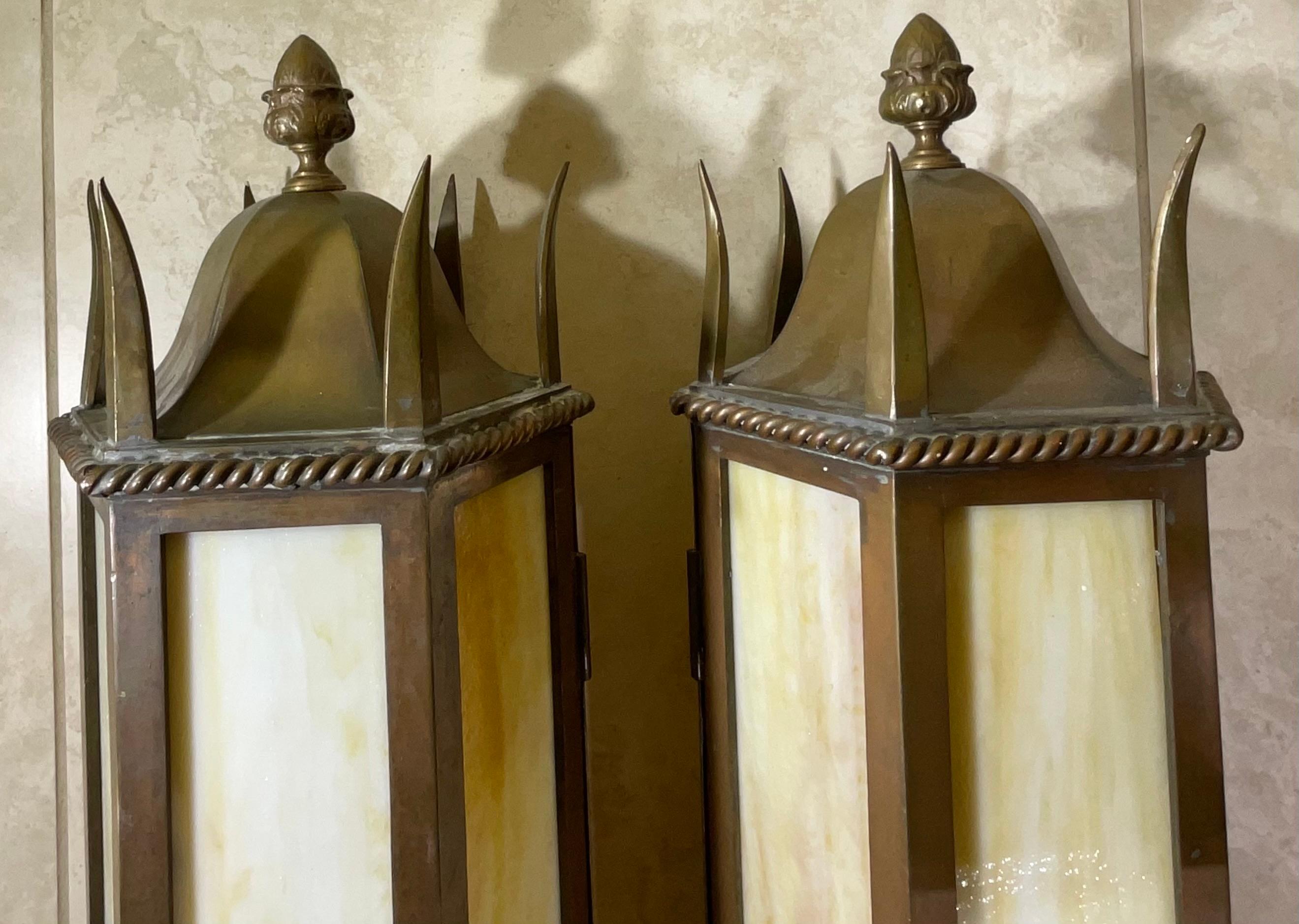 Large pair of Antique Hammered Copper Lanterns, Stunning Architectural Style 38” For Sale 8