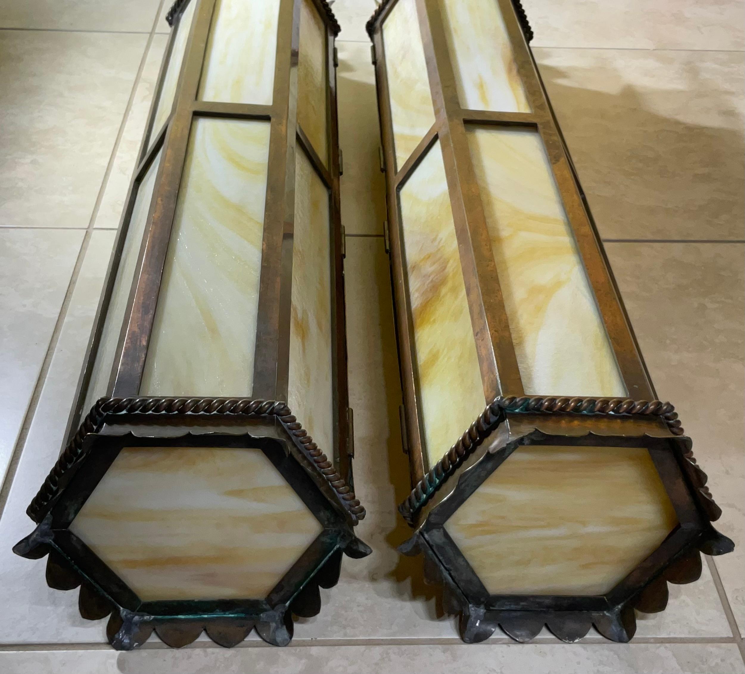 Large pair of Antique Hammered Copper Lanterns, Stunning Architectural Style 38” For Sale 9