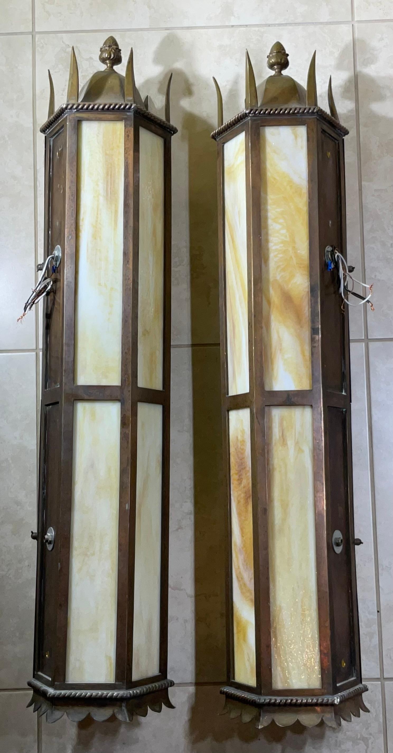 Large pair of Antique Hammered Copper Lanterns, Stunning Architectural Style 38” For Sale 10