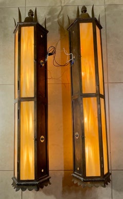 Large pair of Vintage Hammered Copper Lanterns, Stunning Architectural Style 38”