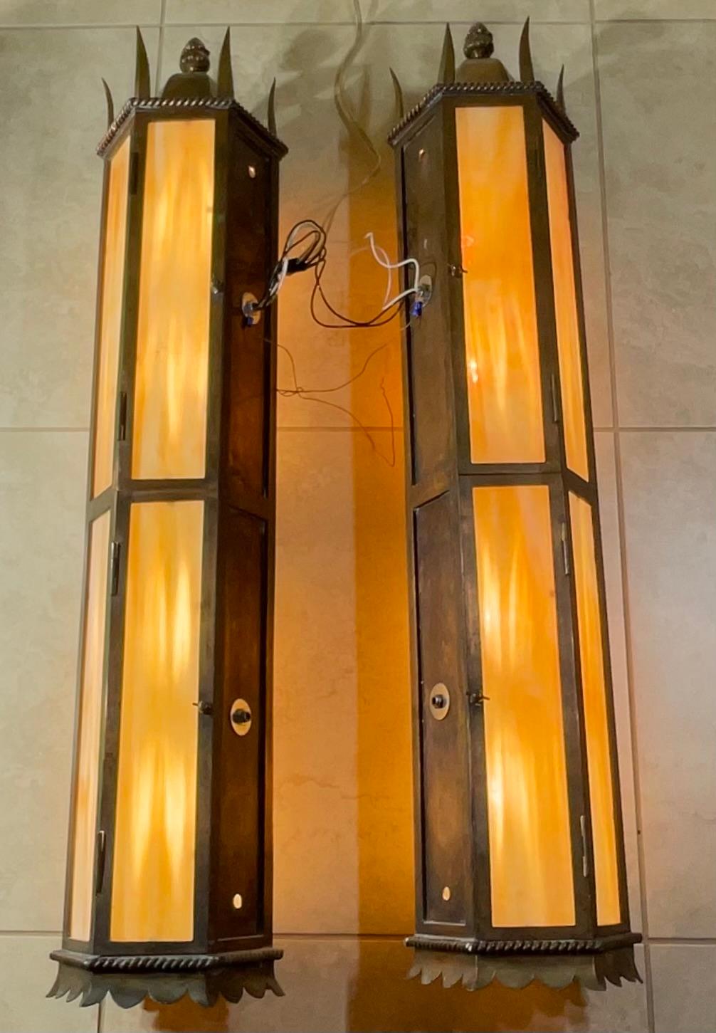 Unknown Large pair of Antique Hammered Copper Lanterns, Stunning Architectural Style 38” For Sale