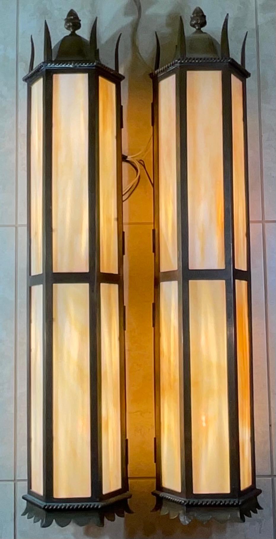 Hand-Crafted Large pair of Antique Hammered Copper Lanterns, Stunning Architectural Style 38” For Sale