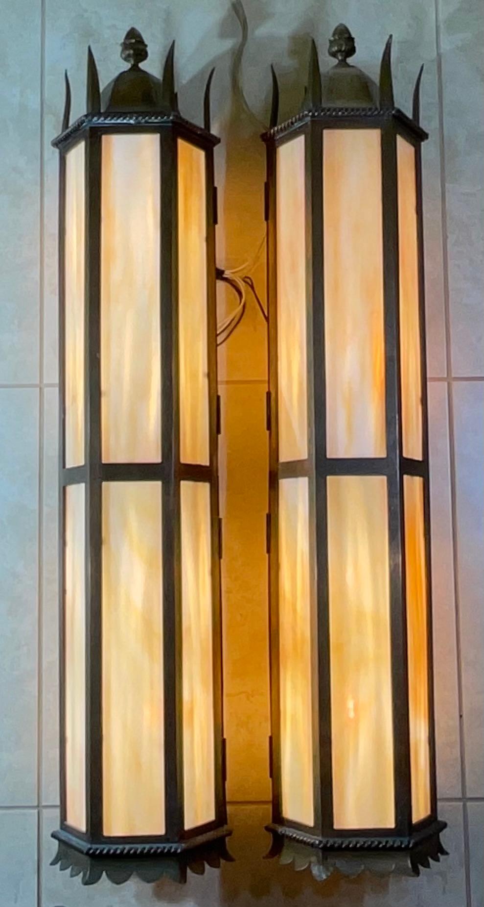 Large pair of Antique Hammered Copper Lanterns, Stunning Architectural Style 38” In Good Condition For Sale In Delray Beach, FL