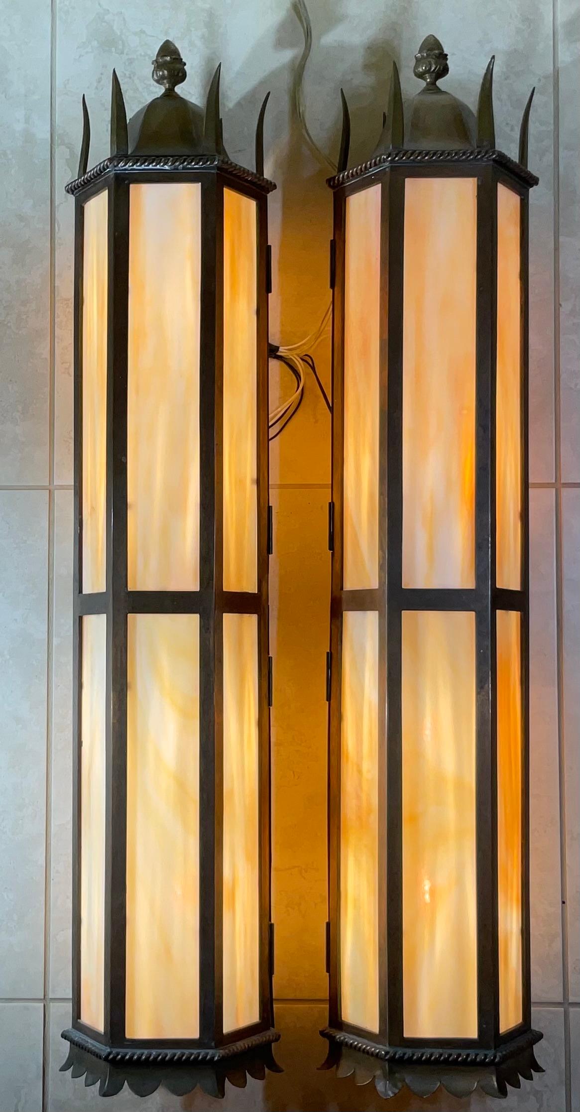 20th Century Large pair of Antique Hammered Copper Lanterns, Stunning Architectural Style 38” For Sale