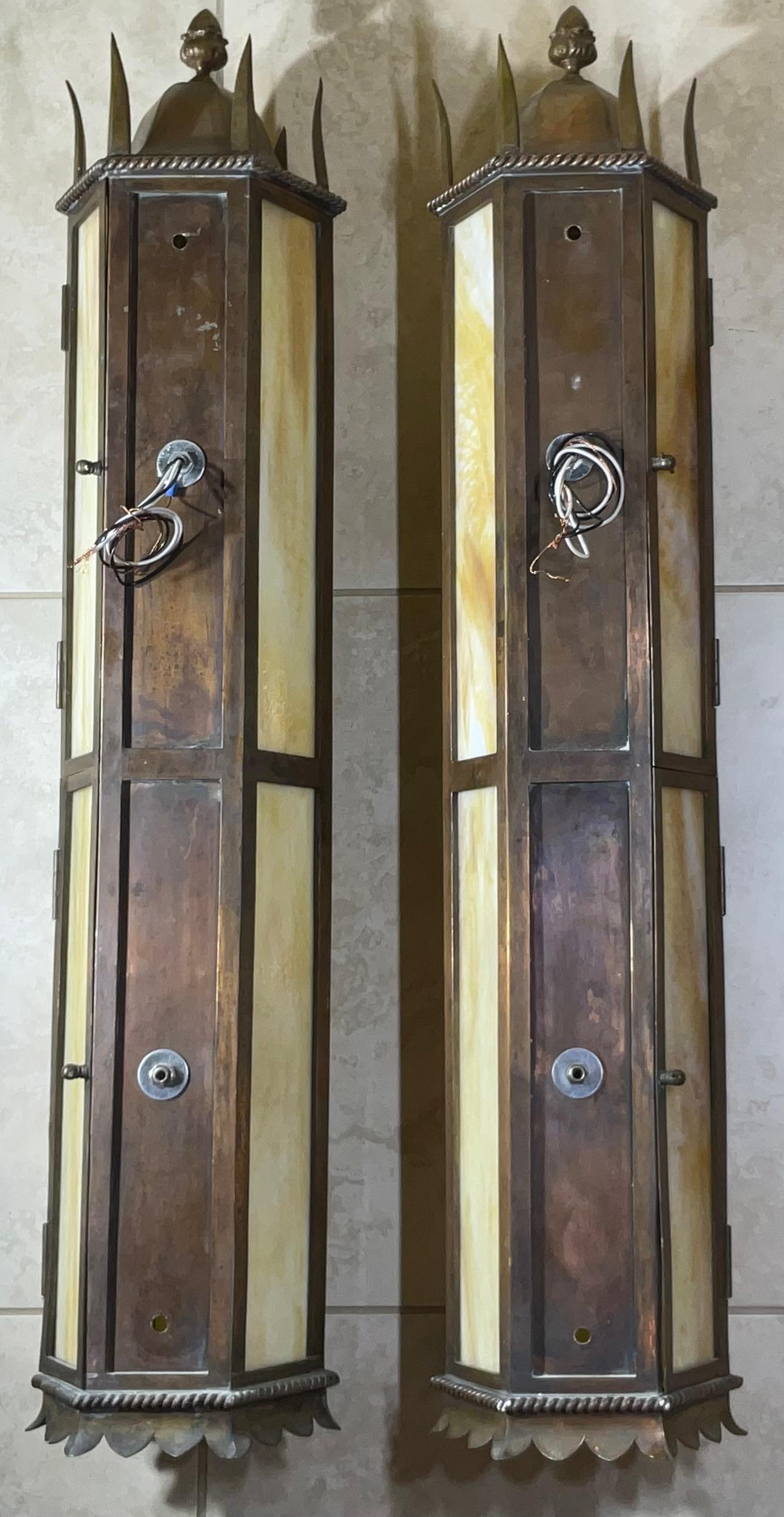 Large pair of Antique Hammered Copper Lanterns, Stunning Architectural Style 38” For Sale 2