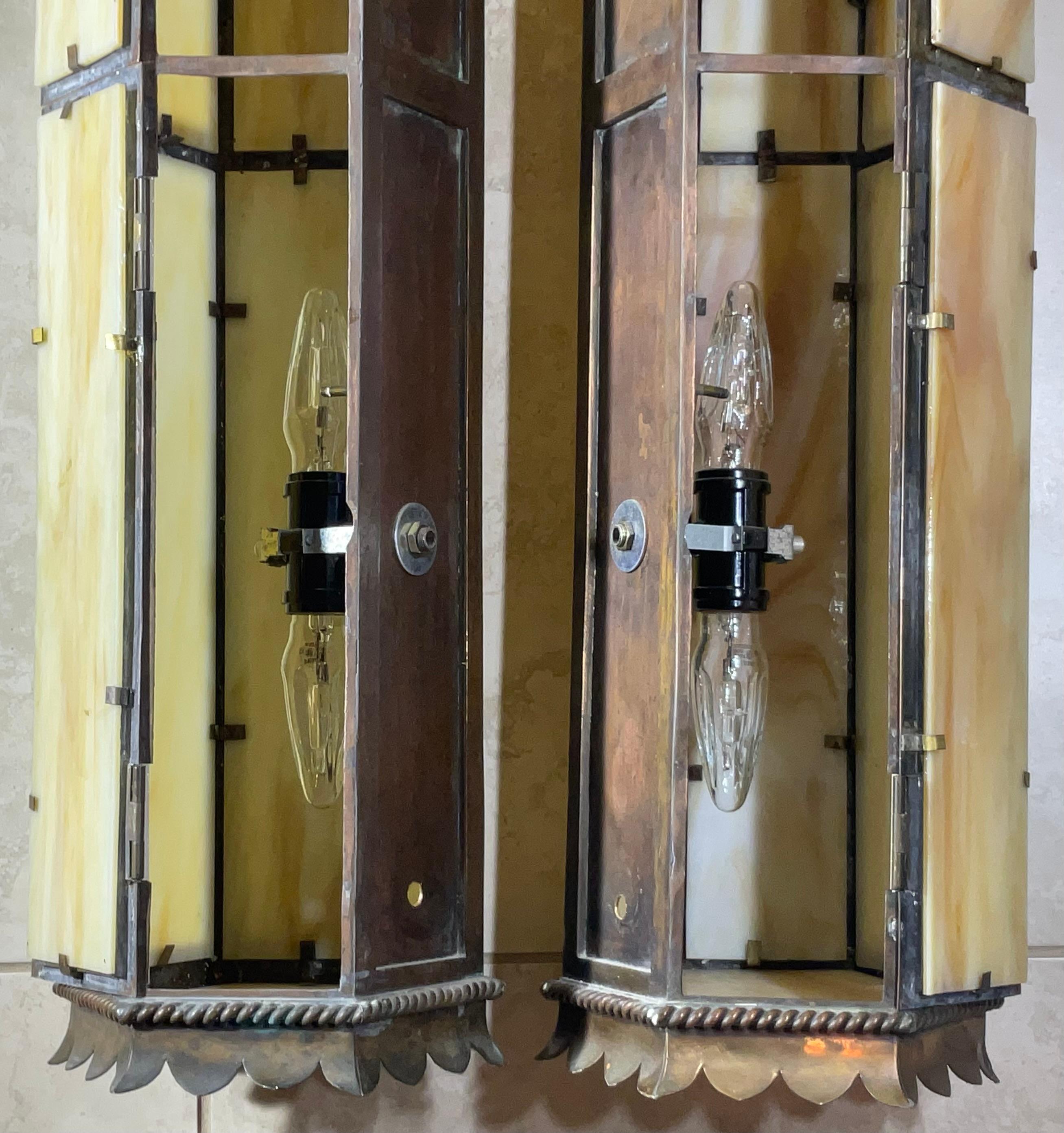 Large pair of Antique Hammered Copper Lanterns, Stunning Architectural Style 38” For Sale 3