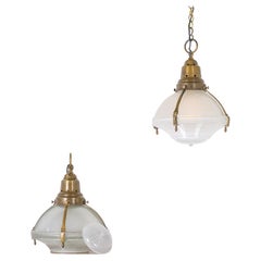 Large Pair of Antique Holophane Brass Caged Three Part Pendant Lights Large Pair of Antique Holophane Brass Caged Three Part Pendant Lights