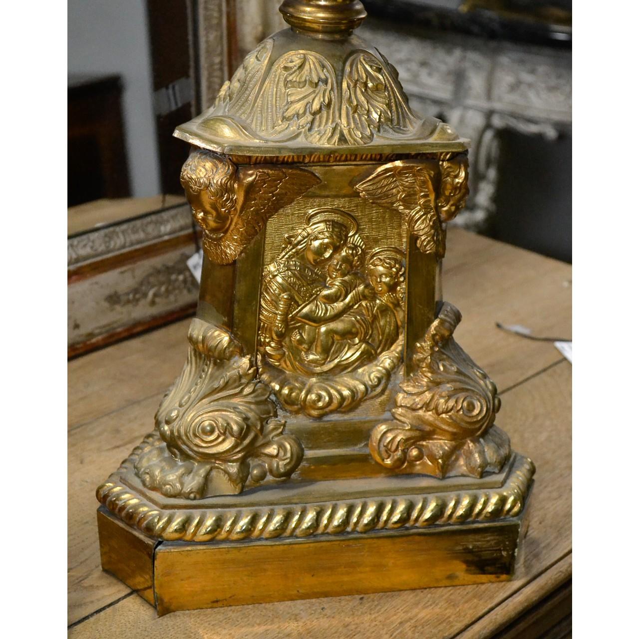 Large Pair of Antique Italian Gilt Metal Altar Sticks In Good Condition For Sale In Dallas, TX
