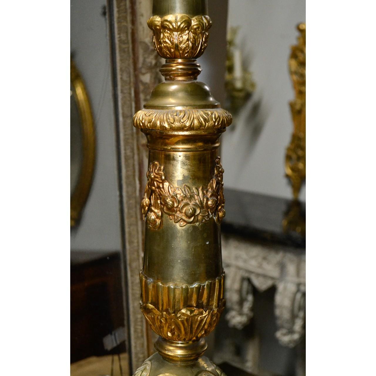 Late 19th Century Large Pair of Antique Italian Gilt Metal Altar Sticks For Sale