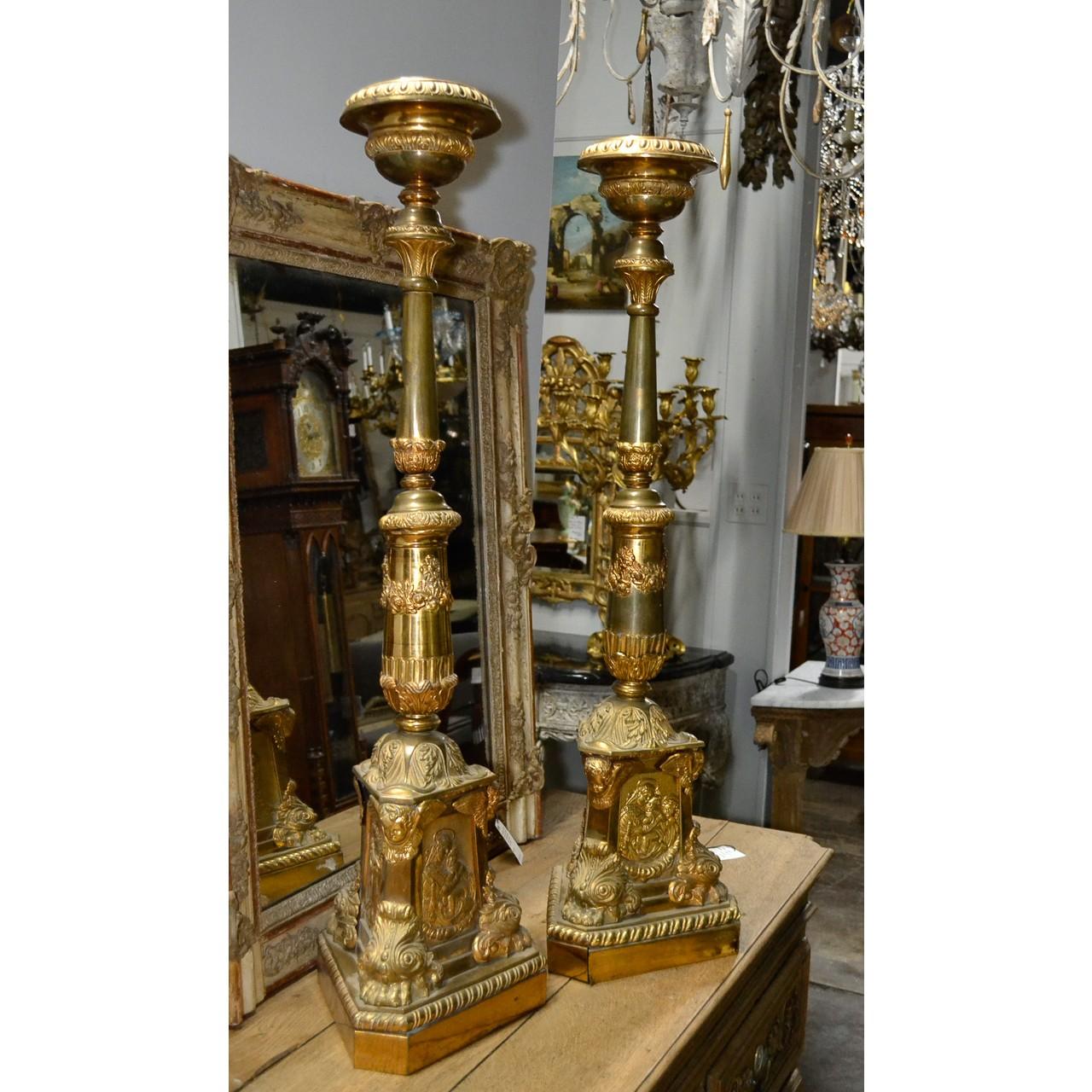 Large Pair of Antique Italian Gilt Metal Altar Sticks For Sale 1