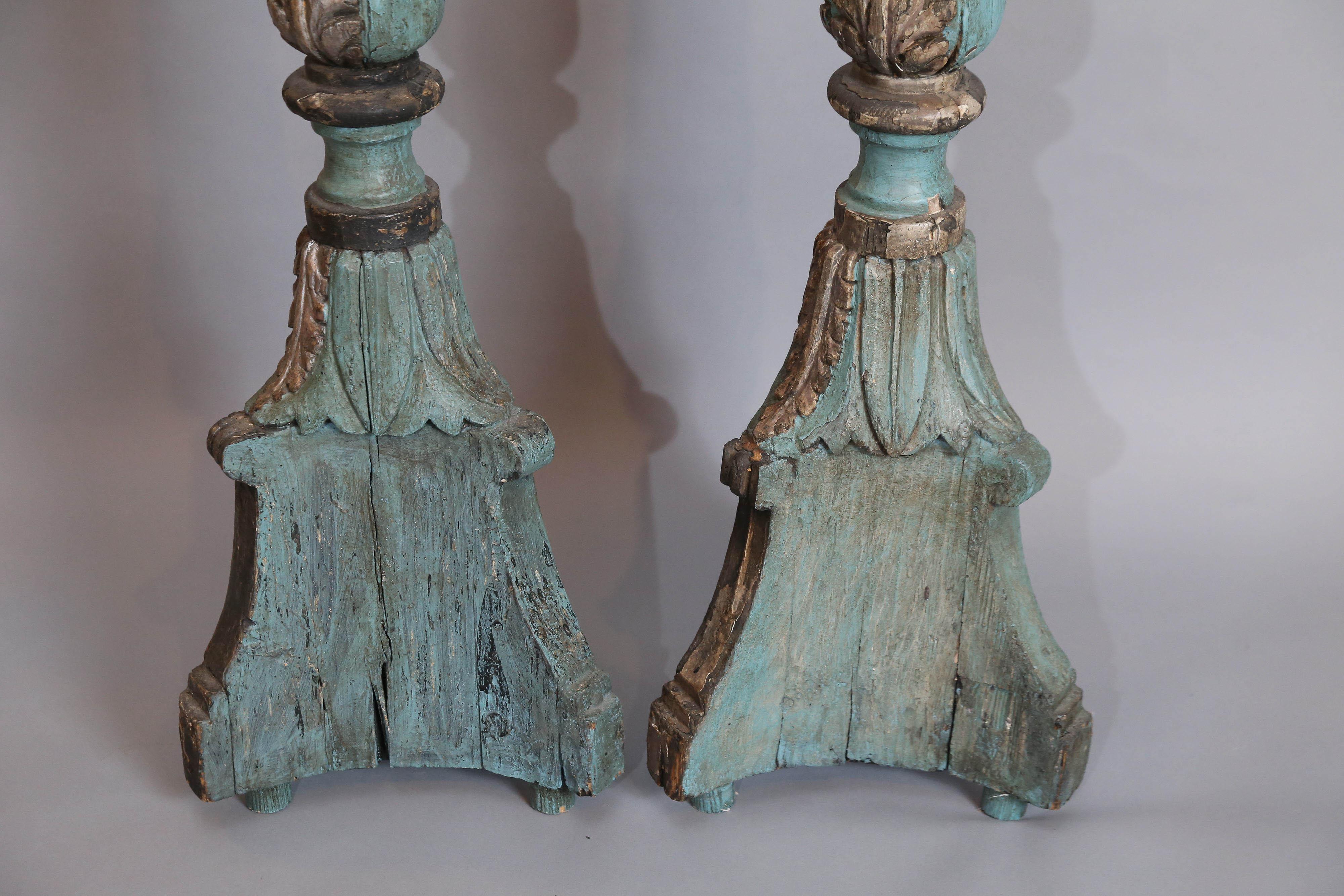 18th Century Large Pair of Antique Italian Painted and Gilt Altarsticks For Sale