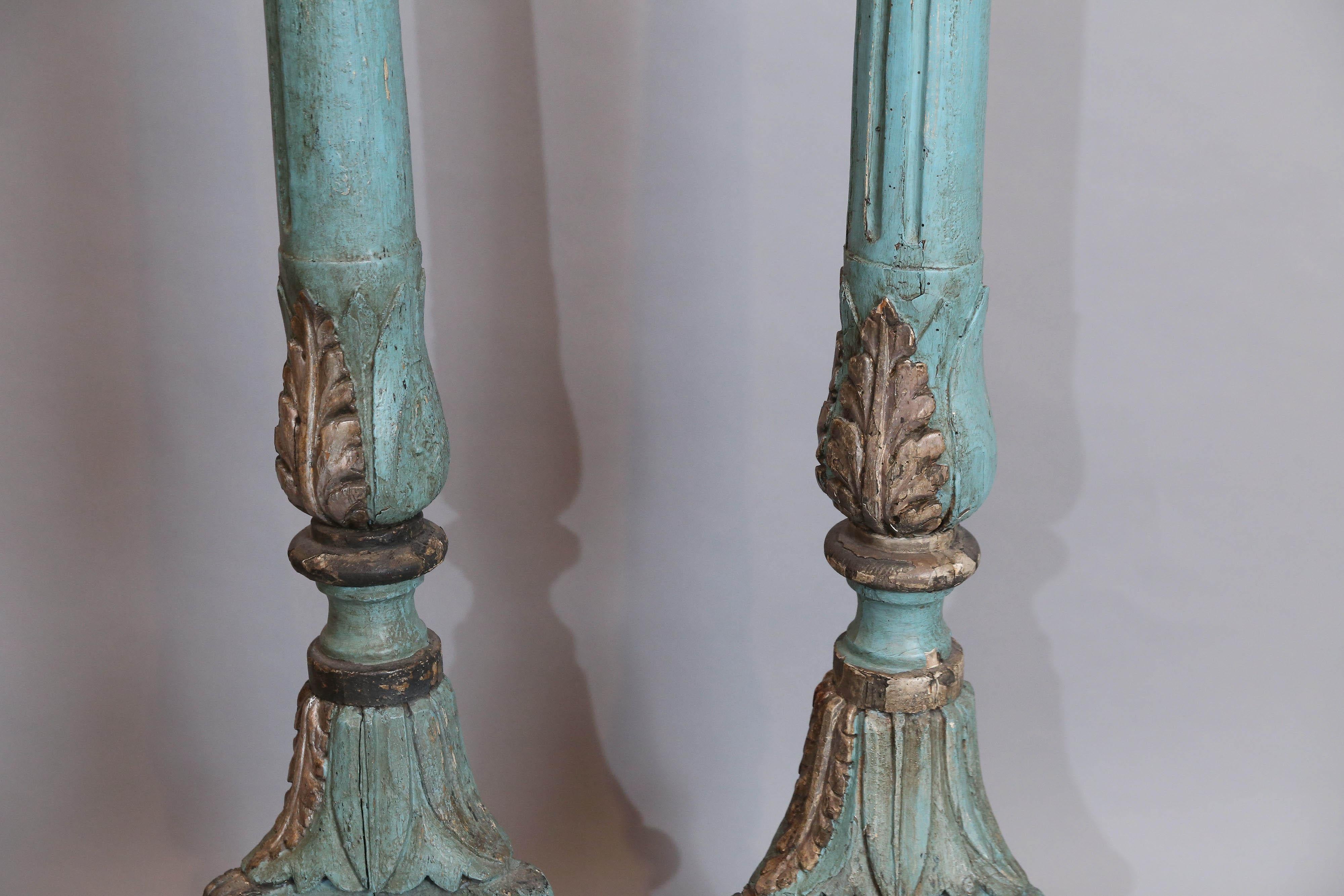 Wood Large Pair of Antique Italian Painted and Gilt Altarsticks For Sale