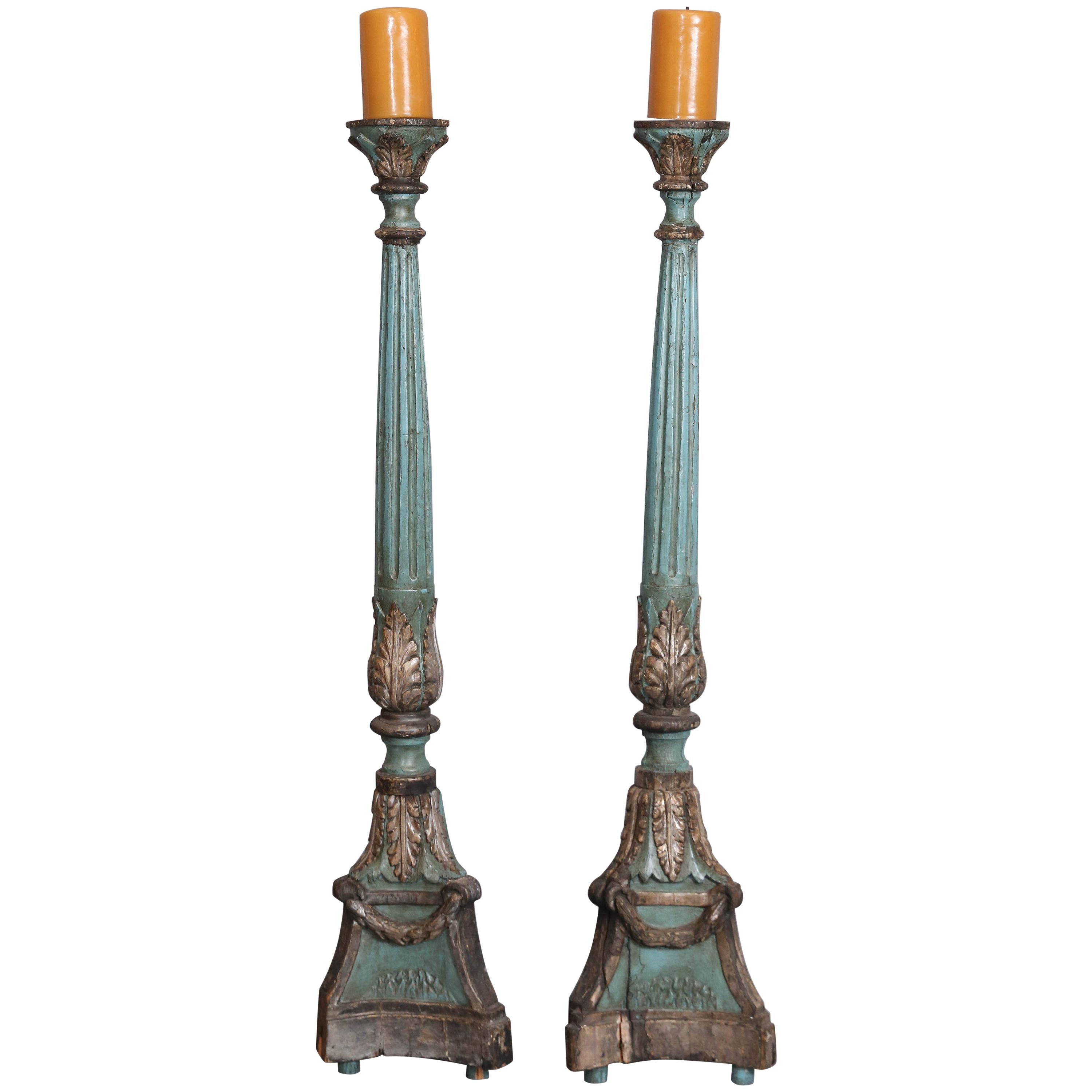 Large Pair of Antique Italian Painted and Gilt Altarsticks For Sale