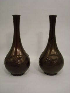 large pair of antique Japanese bronze vases with carp fish, Meiji period
