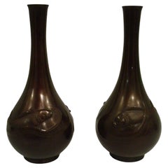 large pair of antique Japanese bronze vases with carp fish, Meiji period