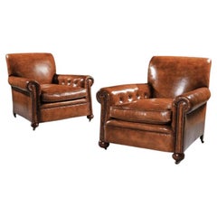Large Pair Of Antique Leather Upholstered Club Armchairs