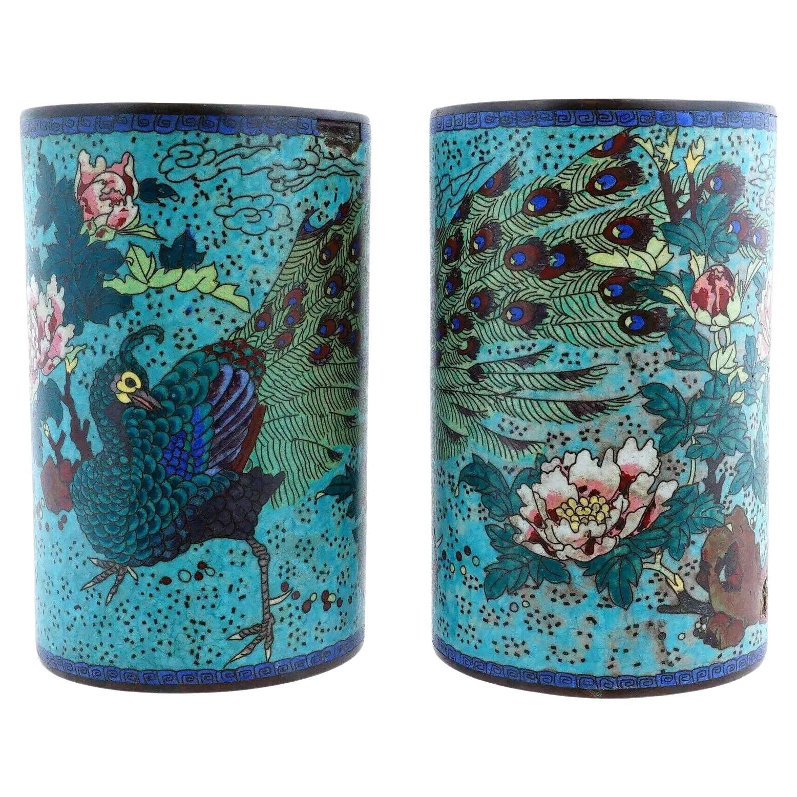 Large Pair Of Antique Meiji Japanese Cloisonne Enamel Brush Pots W Peacocks