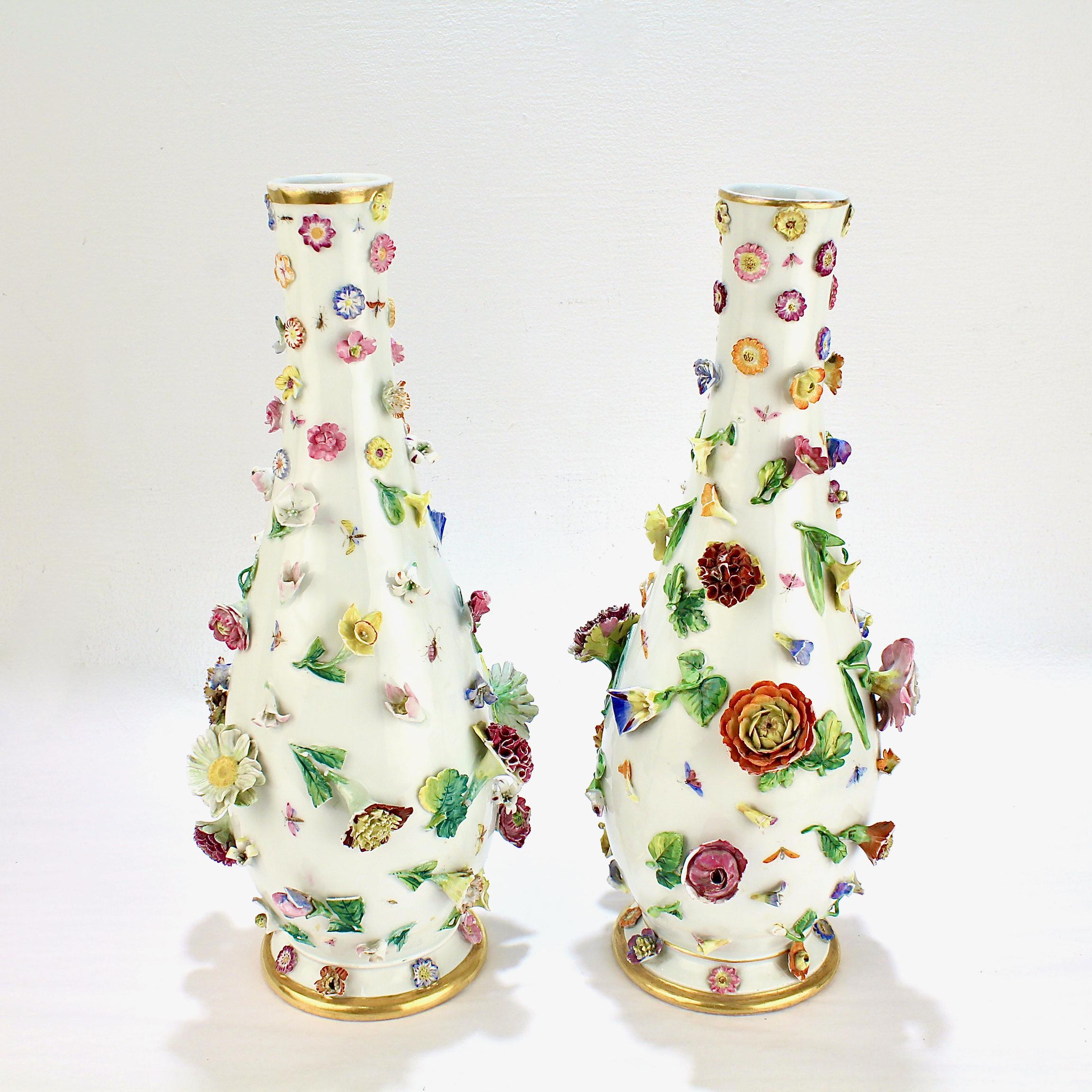 Belle Époque Large Pair of Antique Meissen Porcelain Flower Encrusted Porcelain Vases