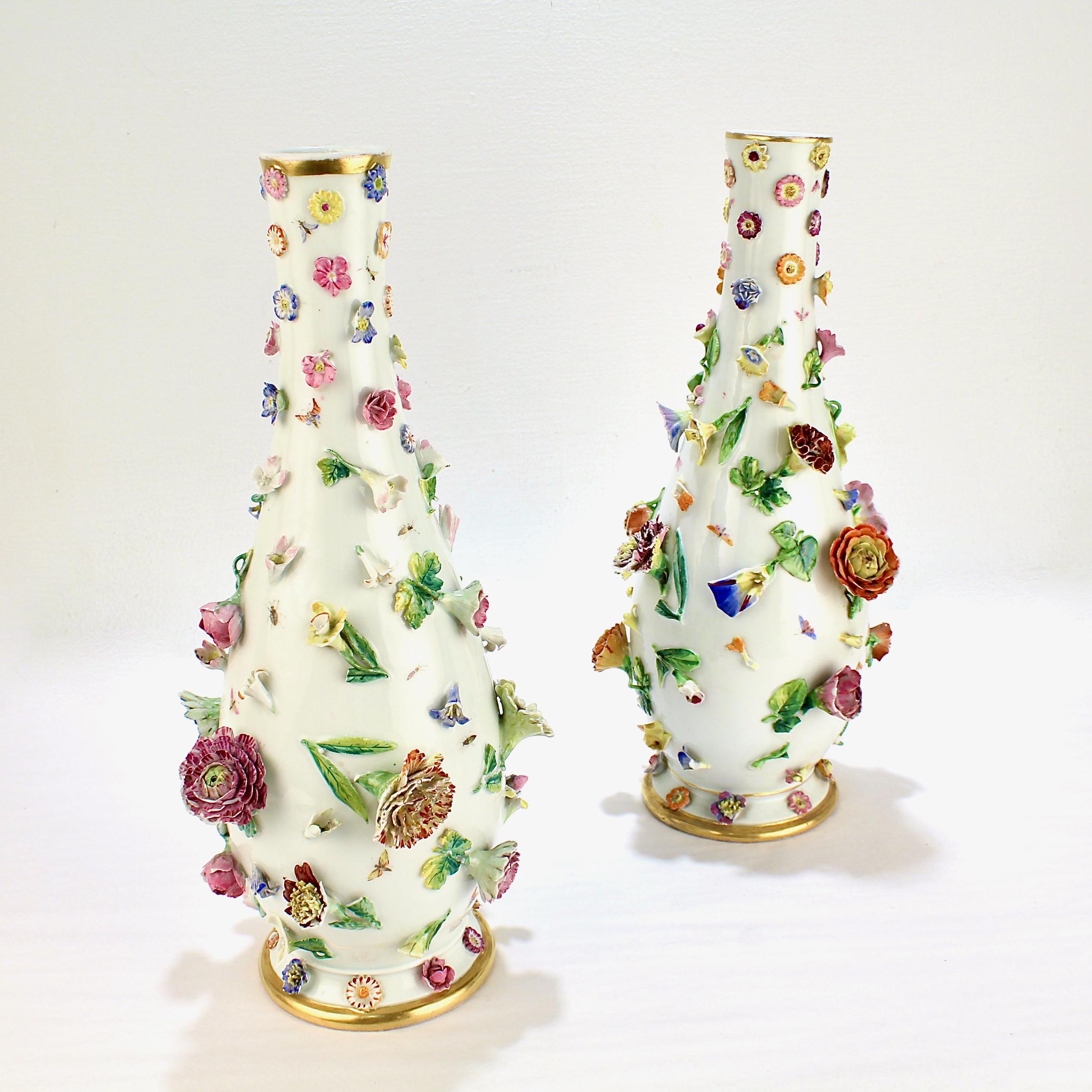 German Large Pair of Antique Meissen Porcelain Flower Encrusted Porcelain Vases