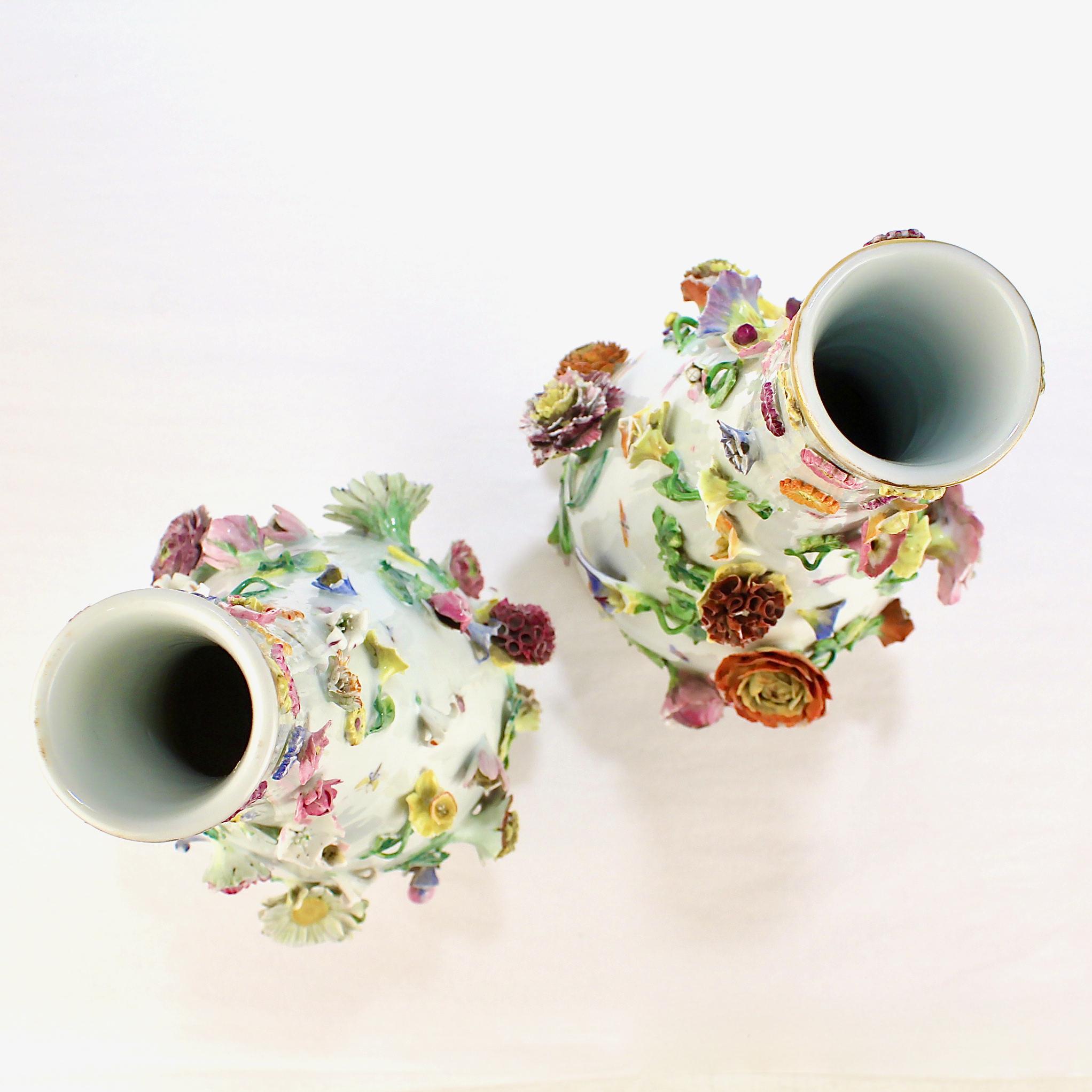 Large Pair of Antique Meissen Porcelain Flower Encrusted Porcelain Vases 1