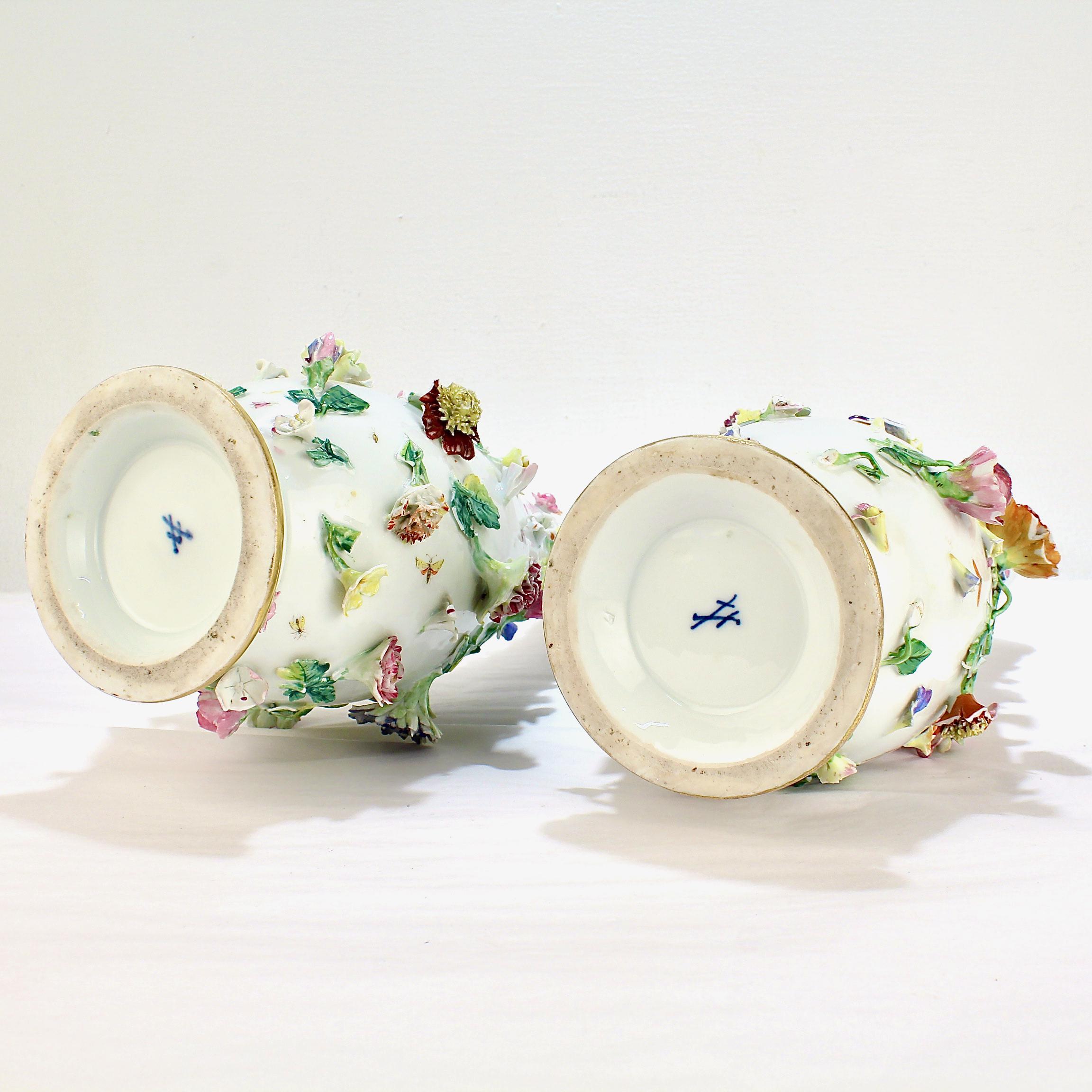 Large Pair of Antique Meissen Porcelain Flower Encrusted Porcelain Vases 2