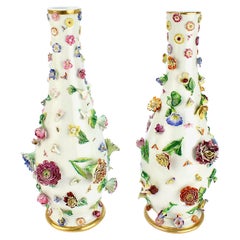 Large Pair of Antique Meissen Porcelain Flower Encrusted Porcelain Vases