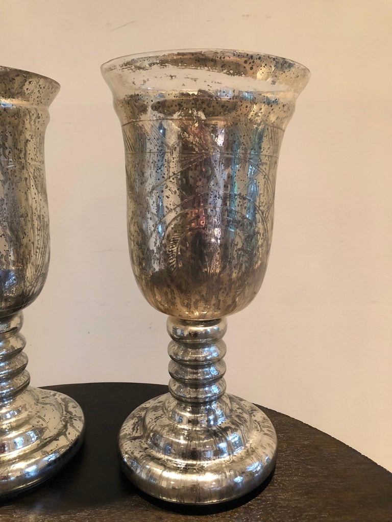 Large Pair of Antique Mercury Glass Hurricanes For Sale at 1stDibs