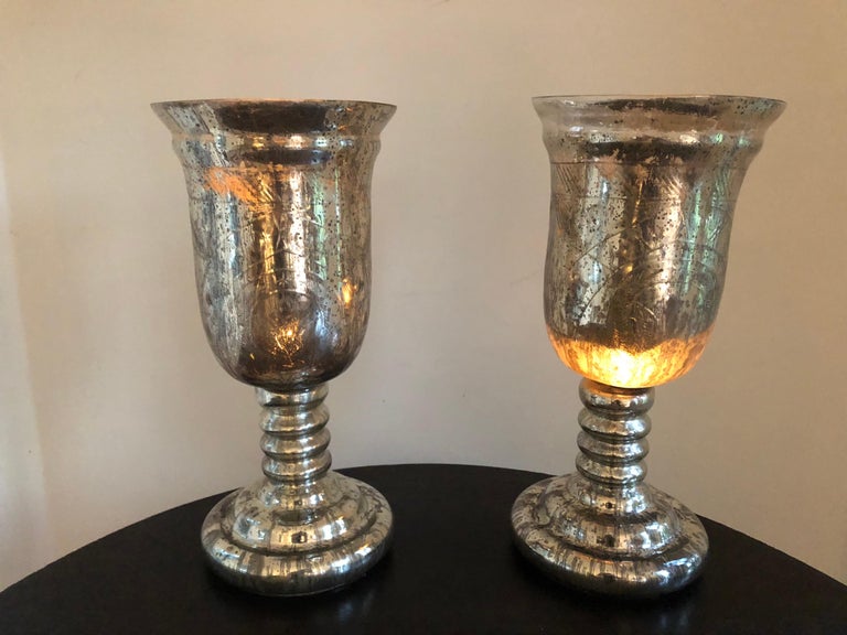 Large Pair of Antique Mercury Glass Hurricanes For Sale at 1stdibs