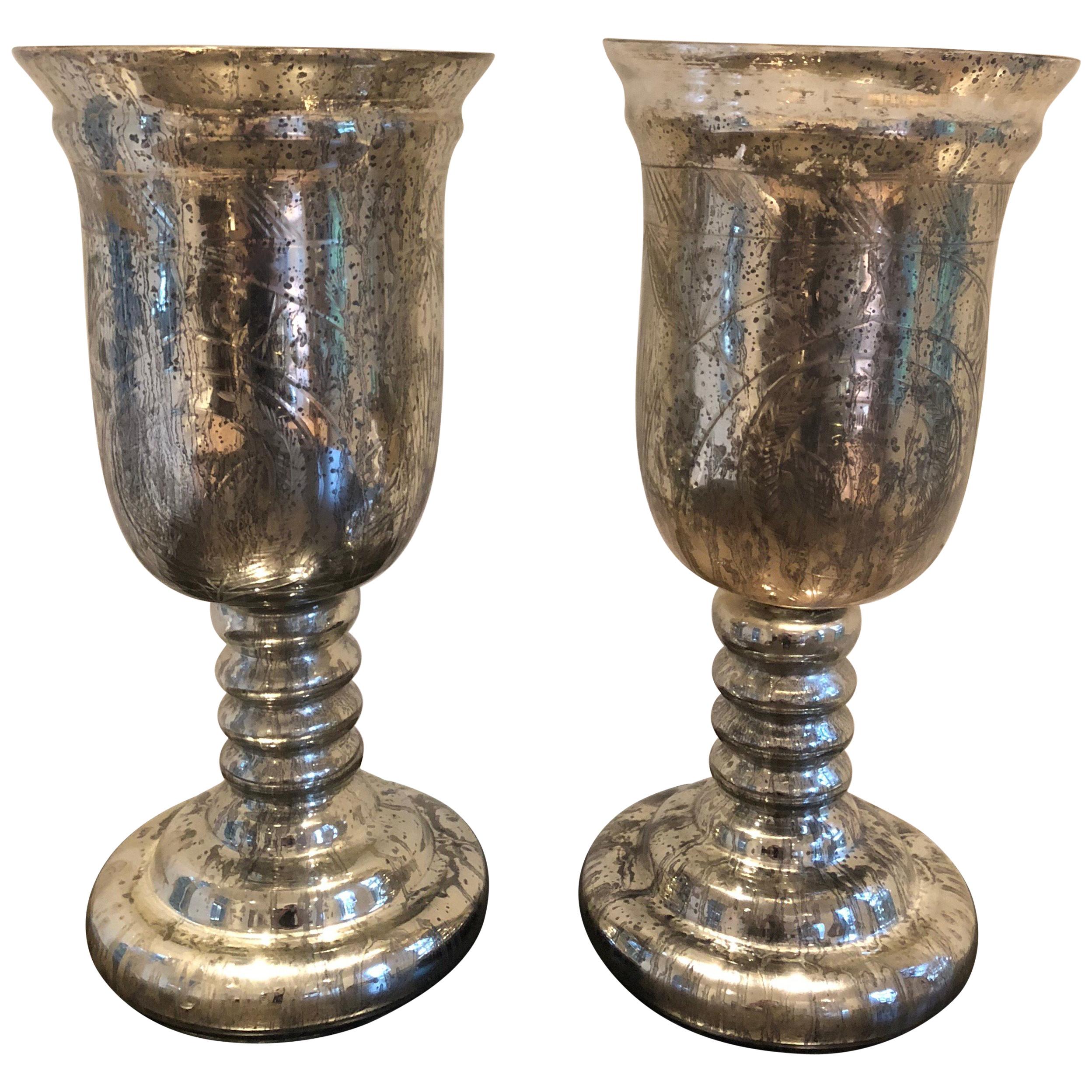 Large Pair of Antique Mercury Glass Hurricanes For Sale