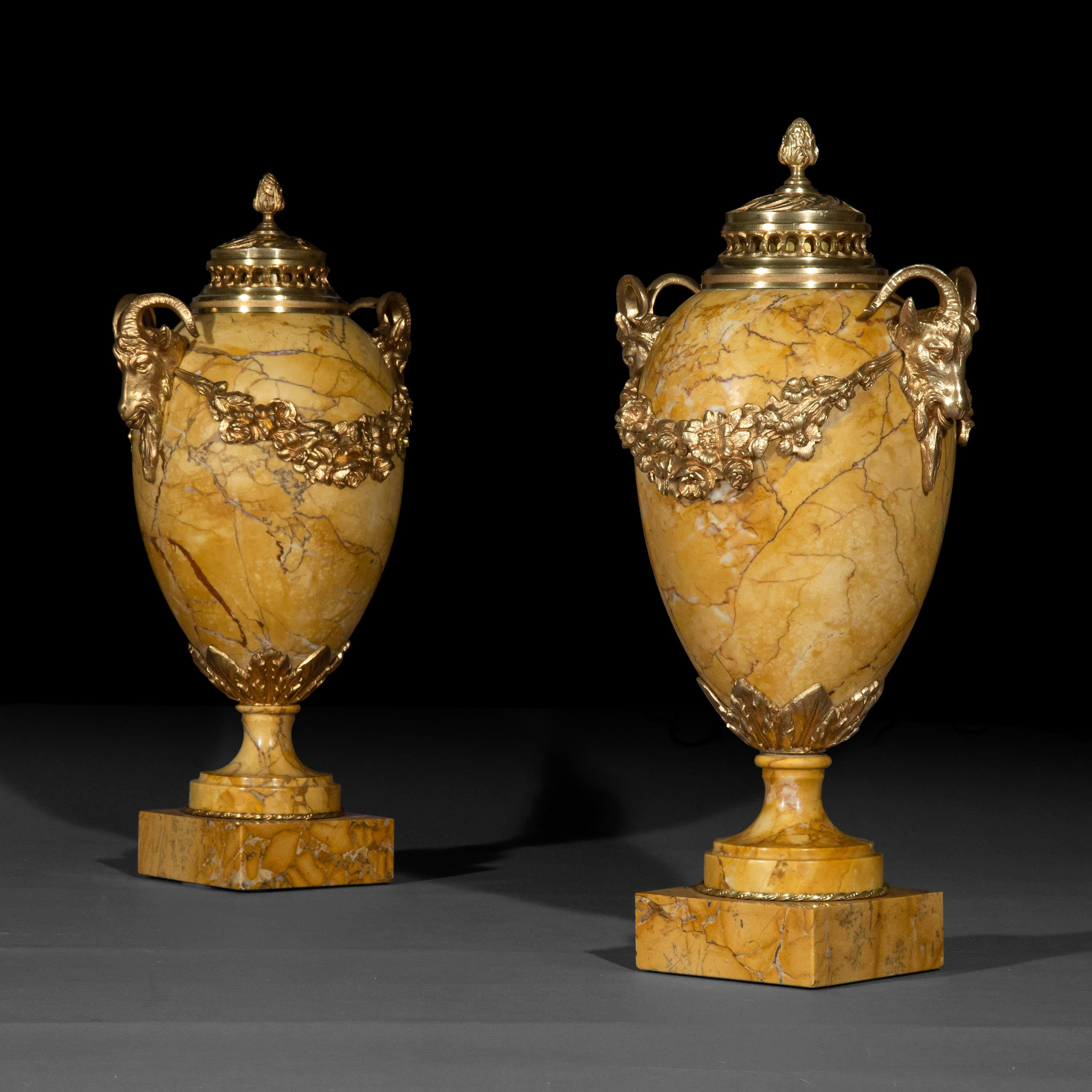 Neoclassical Revival Pair of Antique Neoclassical Siena Marble Urns with Gilt Bronze Mounts For Sale