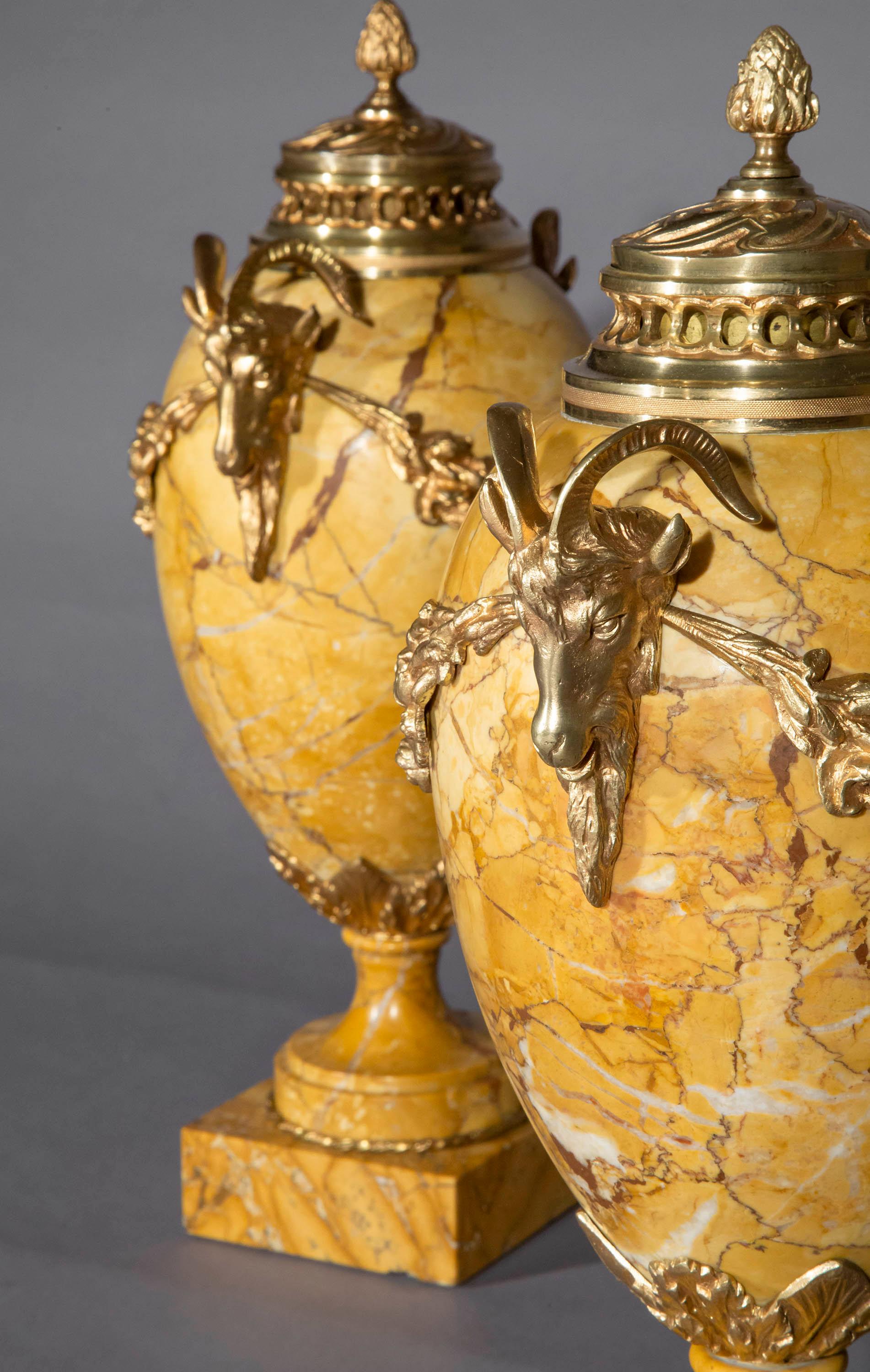 Paire d'urnes néoclassiques anciennes en marbre de Sienne avec montures en bronze doré en vente 1