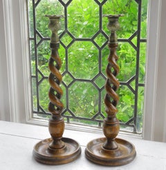 Large Pair of Antique Oak Barley Twist Candlesticks, English, circa 1920